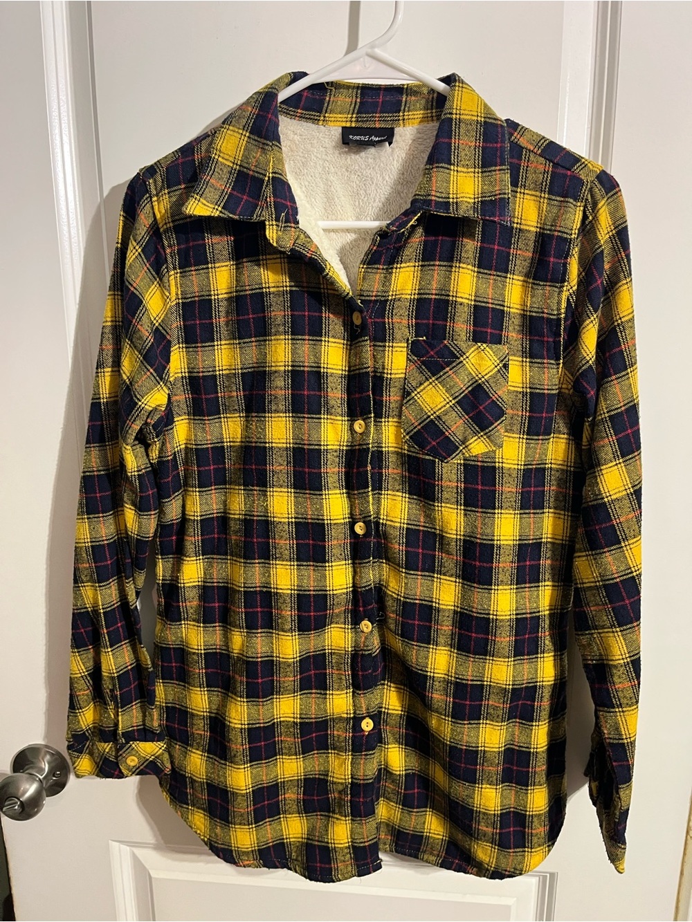 KORUS Apparel Yellow & Navy Plaid Sherpa-Lined Shirt Jacket